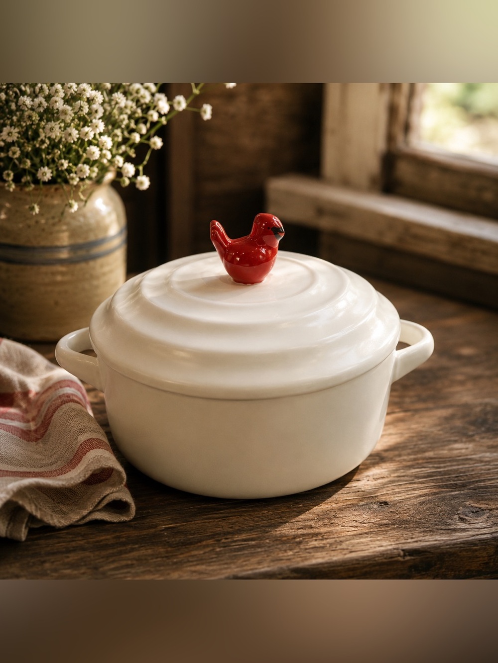 Mini Cream Casserole Dish with Red Bird Knob